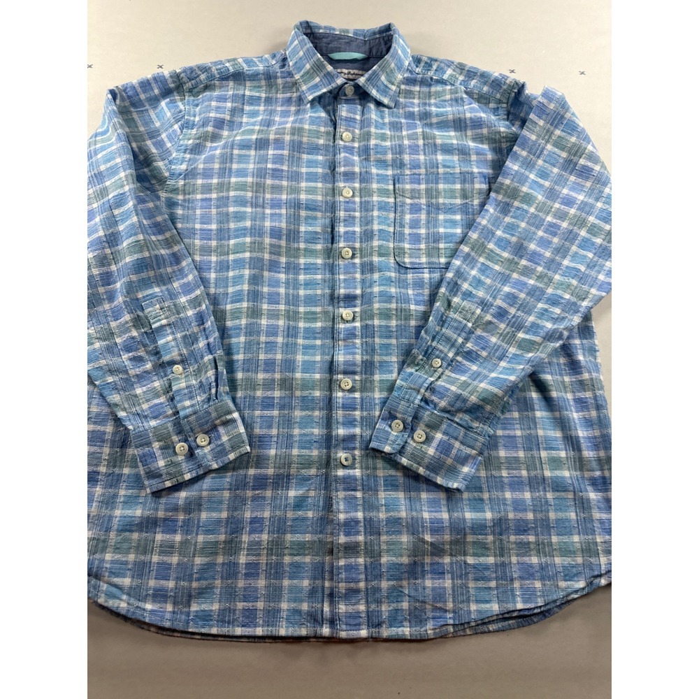 Tommy Bahama Mens Large Blue Plaid Dobby Cotton Long Sleeve Button Down Shirt